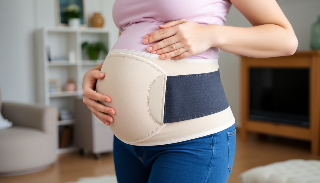 A new mother wearing a postpartum support belt at home